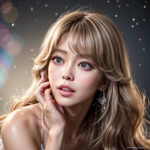 NSFW, 8k, High-level, absurd, masterpiece, best quality, primitive, very detailed CG, very detailed wallpaper, perfect lighting, Extremely detailed ((( personifying " Farrah Fawcett Majors " as a Little Girl))), MysticSight, Tyndall effect, Tyndall scattering, (Studio gray background with (Overflowing oodles Dazzling RainbowColorParticles (BokeH))), (RoundlyButts, ThighGap), (Exposed:0.4), (Assfocus with looking ahead) BREAK (Acutance:0.88), (NOGIZAKA face variations) Extremely Detailed very KAWAII face variations, perfect anatomy, Childish, CaptivatingGaze ElaboratePupils detailed Eyes with (sparkling highlights:1.28), (Voluminous LongEyelashes、GlossyRED Lips with beautiful details, RosyCheeks, Radiant PearlSkin with Transparency . { (Dynamic LifeLike expressions:1.4) | :d) }, (large eyes:-1) .