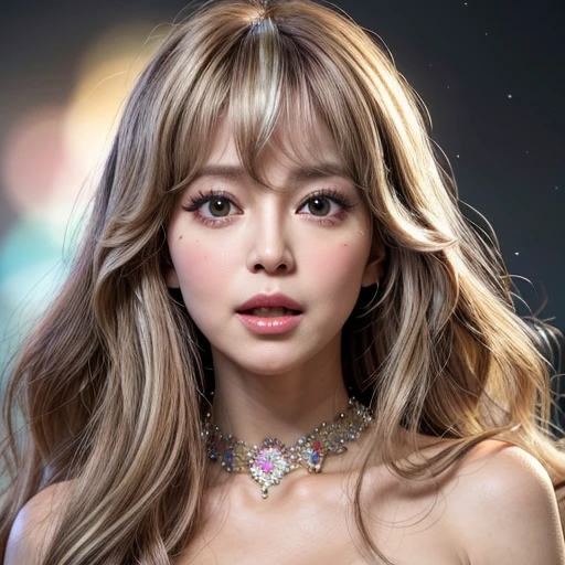 NSFW, 8k, High-level, absurd, masterpiece, best quality, primitive, very detailed CG, very detailed wallpaper, perfect lighting, Extremely detailed ((( personifying " Farrah Fawcett Majors " as a Little Girl))), MysticSight, Tyndall effect, Tyndall scattering, (Studio gray background with (Overflowing oodles Dazzling RainbowColorParticles (BokeH))), (RoundlyButts, ThighGap), (Exposed:0.4), (Assfocus with looking ahead) BREAK  (Acutance:0.88), (NOGIZAKA face variations) Extremely Detailed very KAWAII face variations, perfect ???????, Childish, CaptivatingGaze ElaboratePupils detailed Eyes with (sparkling highlights:1.28), (Voluminous LongEyelashes、GlossyRED Lips with beautiful details, RosyCheeks, Radiant PearlSkin with Transparency . { (Dynamic LifeLike expressions:1.4) | :d) }, (large eyes:-1) .