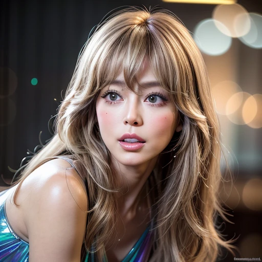 NSFW, 8k, High-level, absurd, masterpiece, best quality, primitive, very detailed CG, very detailed wallpaper, perfect lighting, Extremely detailed ((( personifying " Farrah Fawcett Majors " as a Little Girl))), MysticSight, Tyndall effect, Tyndall scattering, (Studio gray background with (Overflowing oodles Dazzling RainbowColorParticles (BokeH))), (RoundlyButts, ThighGap), (Exposed:0.4), (Assfocus with looking ahead) BREAK  (Acutance:0.88), (NOGIZAKA face variations) Extremely Detailed very KAWAII face variations, perfect anatomy, Childish, CaptivatingGaze ElaboratePupils detailed Eyes with (sparkling highlights:1.28), (Voluminous LongEyelashes、GlossyRED Lips with beautiful details, RosyCheeks, Radiant PearlSkin with Transparency . { (Dynamic LifeLike expressions:1.4) | :d) }, (large eyes:-1) .