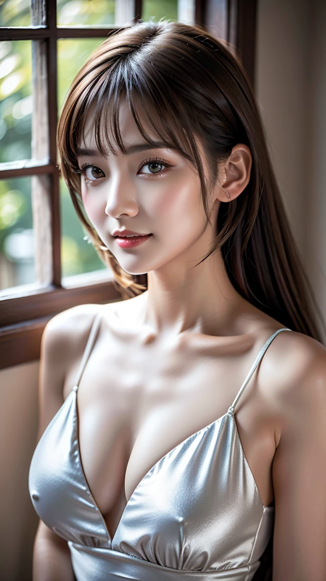 (Highest quality:1.4、8K masterpiece、Ultra-high resolution)、(Realistic:1.3)、Highest qualityの柔らかな自然光, RAW Photos、8K wallpapers incorporating high-definition CG, , 1 beautiful girl、、Pale skin:1.4, Shine, Transparent muscles:1.2、((Ultra-Realistic Details))、Portraiture、All the characters are super realistic.:1.6、Global Illumination、Octane Rendering:1.2, The cutest girl:1.2 ,Very detailed, High-resolution RAW color photos, Professional photography, Realistic portrait, Cinematic Light, With a small face、Thin cheeks:1.1、(With a cute smile:1.4)、((Beautiful Eyes、Light enters the eyes:1.4、Staring at a lover、Adorable eyes:1.2 )) 、((Shiny Hair Brown Ponytail, 、Delicate texture、Voluminous Hair:1.1、Thick Hair:1.2 )), Beautiful big ,(Big ample breasts:1.2)、Captivating beauty、Captivate what you see、( Shrug:1.2)、Expose your shoulders, Cleavage:1.2、 (Turkish Moroccan colored mosaic chandelier All concrete room Plug in through the window Gentle Light :1.4)、 Beautiful details, (Deep neckline Beautiful rそしてom color damask dress:1.4), No bra, , (Camel toe details), Very detailed, Highest quality, Tabletop,