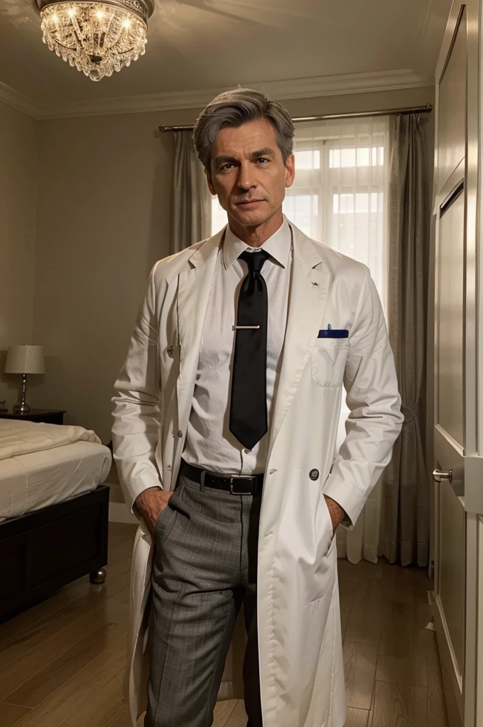 {
"prompt": "A confident and authoritative male doctor with 57 years, with short silver hair and a well-groomed appearance, wearing a white coat over a black dress shirt with a black tie. He has a stethoscope around his neck and stands in an elegantly furnished room with a luxurious bed and chandelier in the background. The lighting highlights his facial features and creates a warm ambiance. The doctor exudes professionalism and confidence.",
"size": "1024x1792"
}