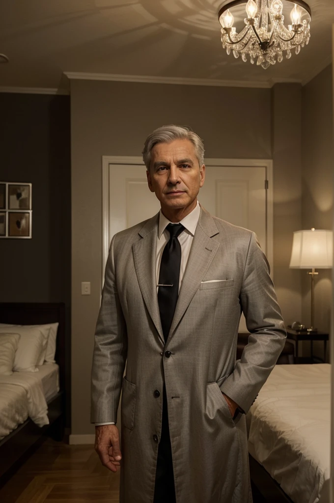 {
  "prompt": "A confident and authoritative male doctor with 57 years, with short silver hair and a well-groomed appearance, wearing a white coat over a black dress shirt with a black tie. He has a stethoscope around his neck and stands in an elegantly furnished room with a luxurious bed and chandelier in the background. The lighting highlights his facial features and creates a warm ambiance. The doctor exudes professionalism and confidence.",
  "size": "1024x1792"
}