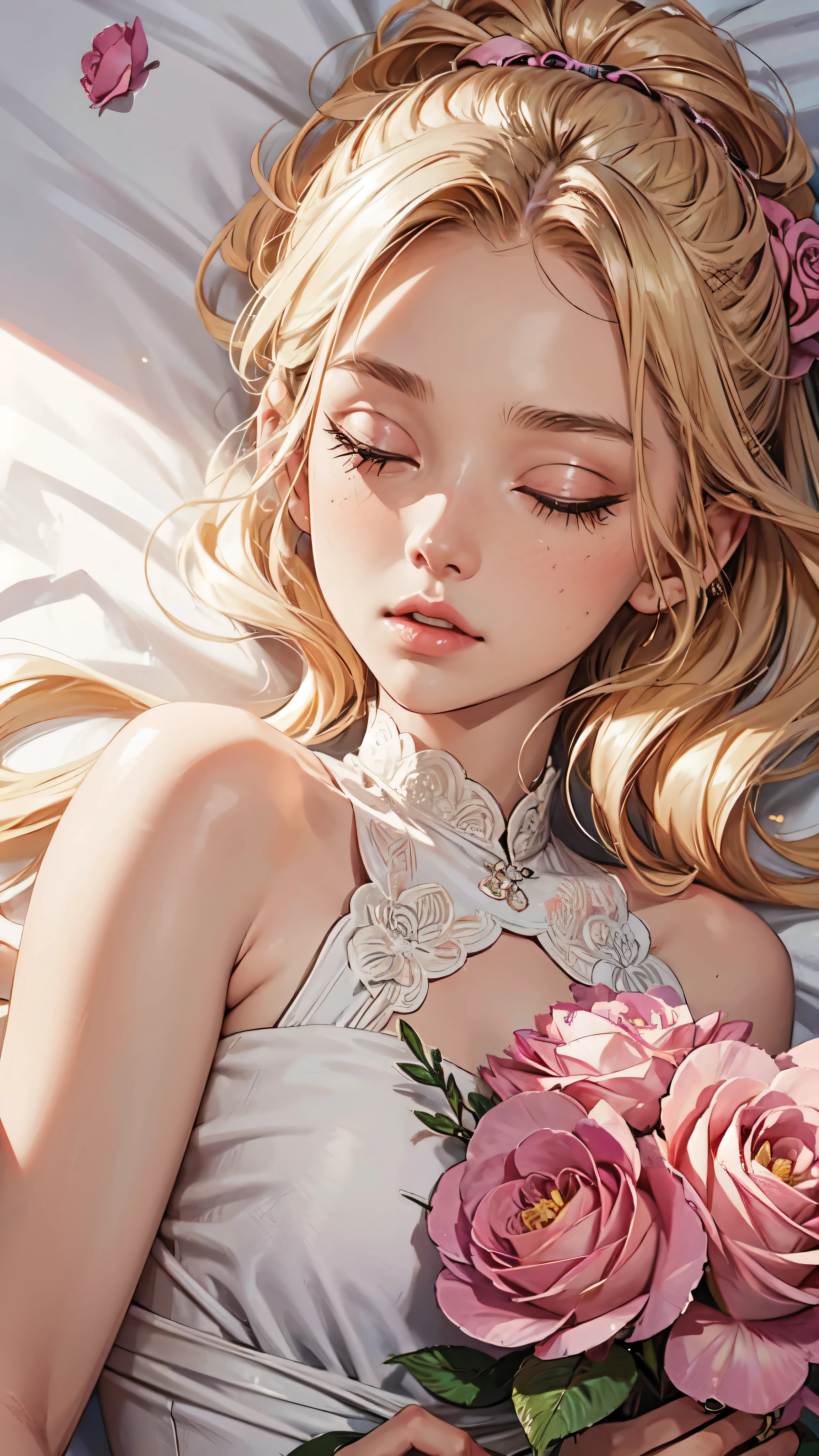 shui001,1girl, solo, flower, dress, blonde hair, closed eyes, pink flower, rose, lying, white dress, pink rose, on back, lips, makeup, sleeveless, floral print , detailed face, detailed eyes, detailed hands