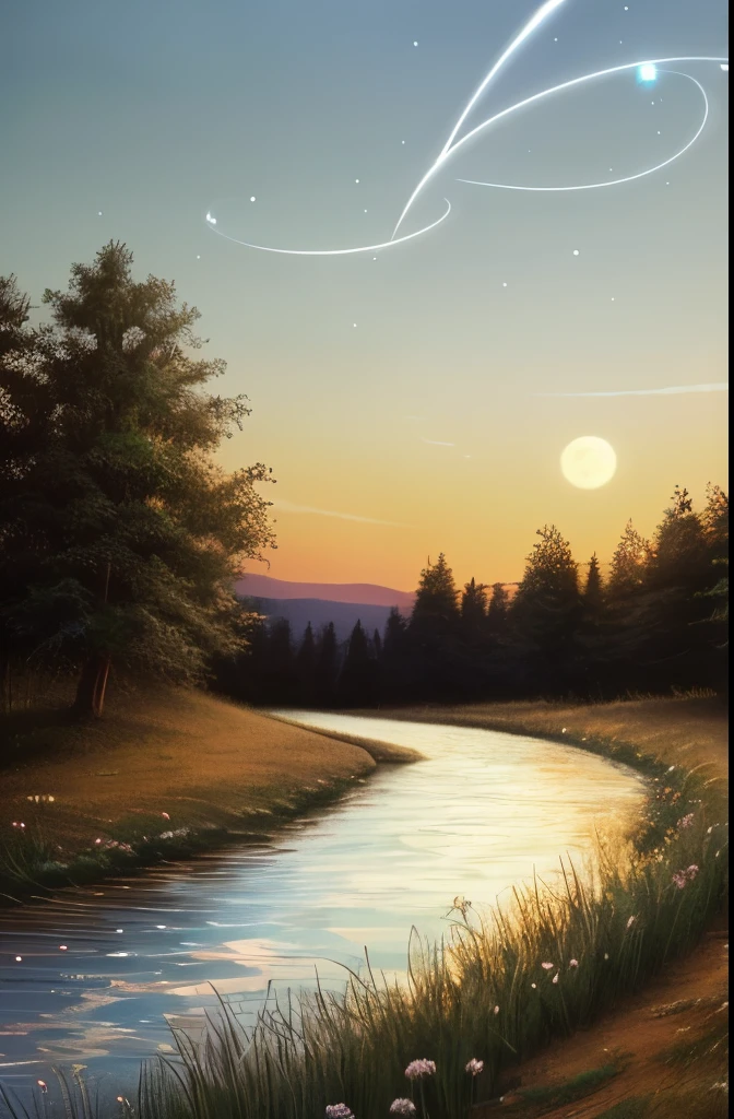 arafed view of a stream running through a field with a full moon in the sky, a matte painting by Jason A. Engle, flickr, conceptual art, beautiful moonlight, soft blue moonlight, stunning moonlight and shadows, blue moonlight, beautiful moonlight night, moonlit night dreamy atmosphere, moonlit night, blueish moonlight, moonlight, moonlit nightscape