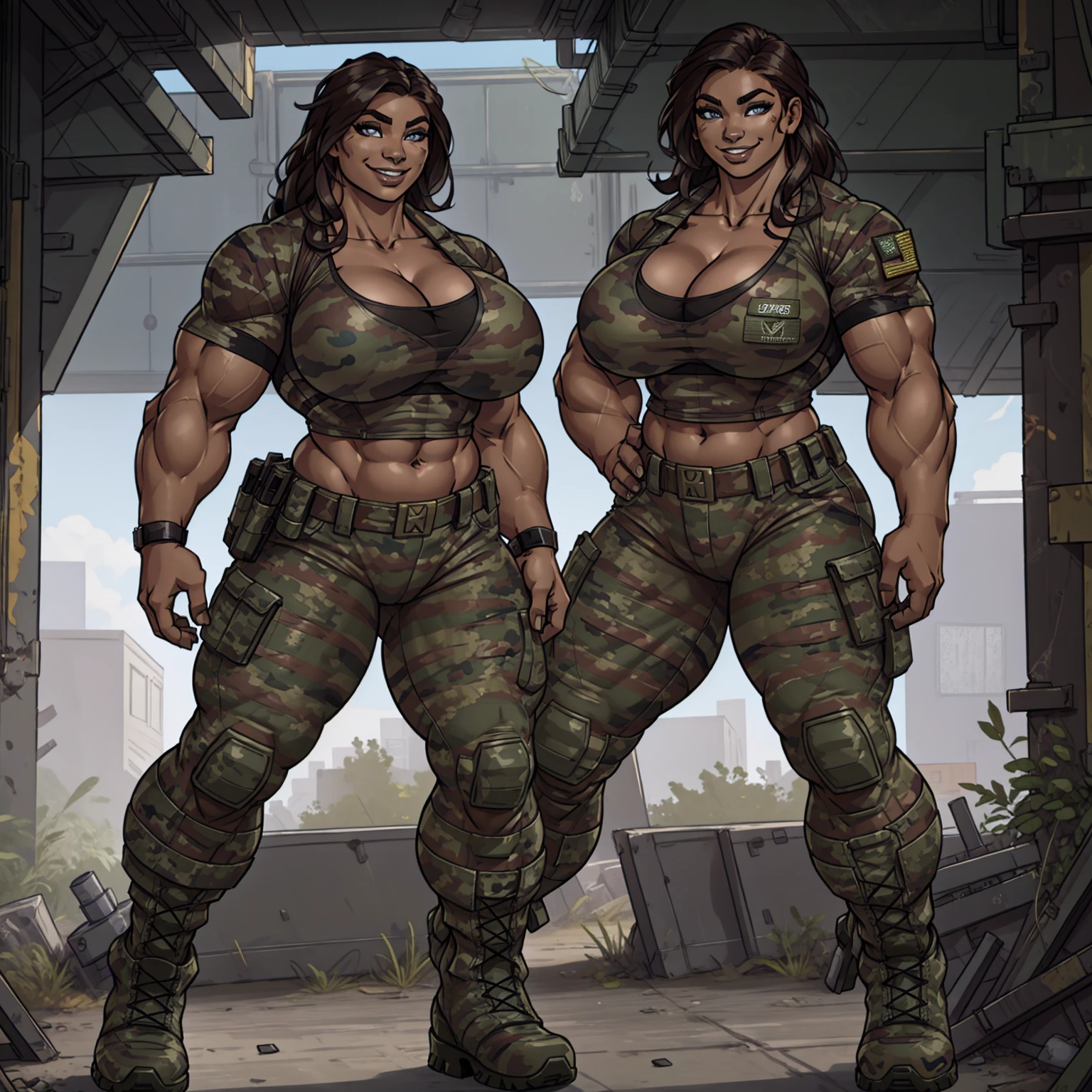 solo, 1girl, alien creature, striped skin, female, buff, muscular, huge breasts, highly detailed eyes, Amazon, wearing camouflage_uniform, (urban uniform:1.2), military camp, rolled sleeves, shirt, trousers, cleavage, standing upright, combat boots, full body, smiling, friendly, looking at viewer, realistic lighting, by darkgem, by wfa, by bng,