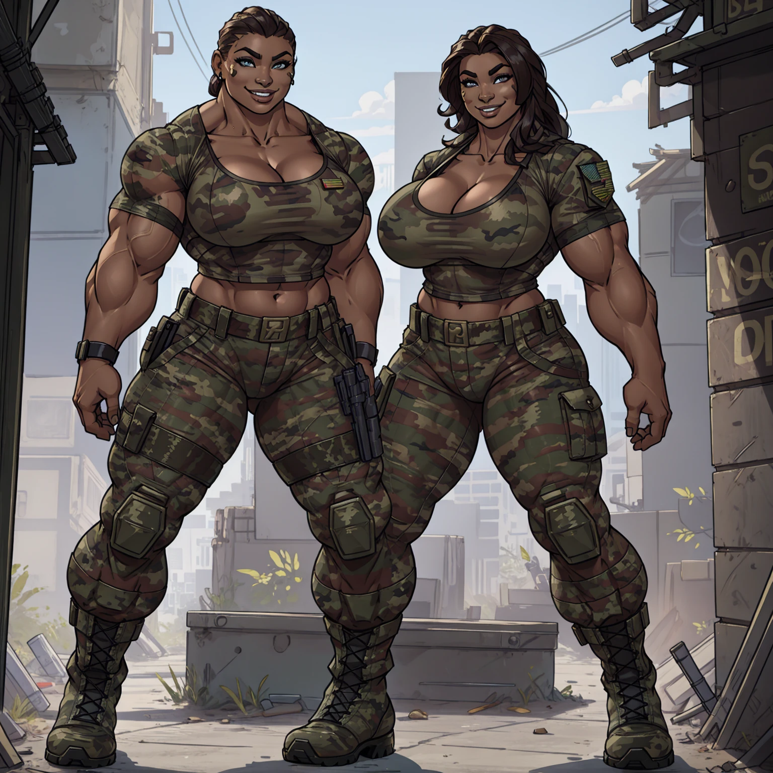 solo, 1girl, alien creature, striped skin, female, buff, muscular, huge breasts, highly detailed eyes, Amazon, wearing camouflage_uniform, (urban uniform:1.2), military camp, rolled sleeves, shirt, trousers, cleavage, standing upright, combat boots, full body, smiling, friendly, looking at viewer, realistic lighting, by darkgem, by wfa, by bng,