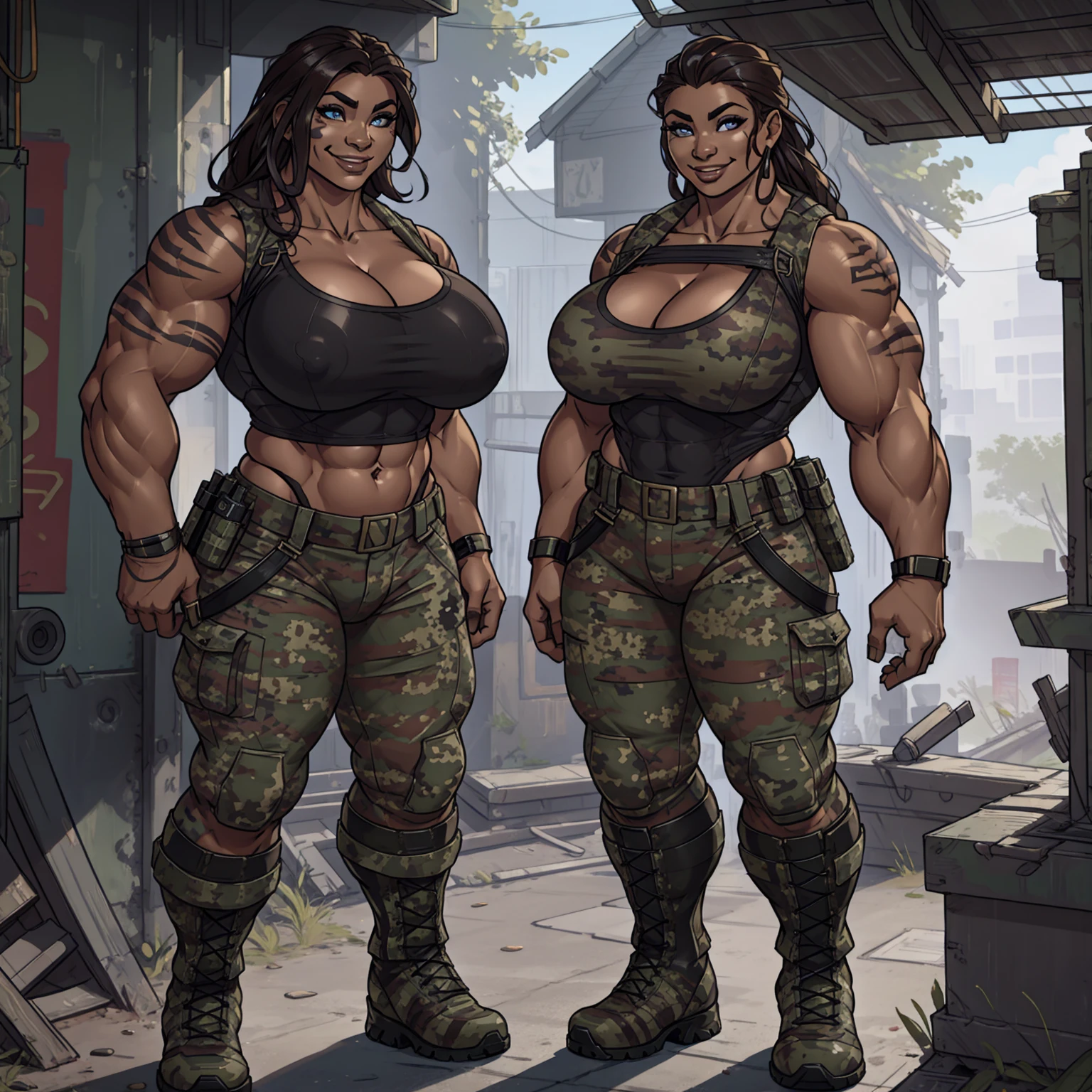 solo, 1girl, alien creature, striped skin, female, buff, muscular, huge breasts, highly detailed eyes, Amazon, wearing camouflage_uniform, (urban uniform:1.2), military camp, rolled sleeves, shirt, trousers, cleavage, standing upright, combat boots, full body, smiling, friendly, looking at viewer, realistic lighting, by darkgem, by wfa, by bng,