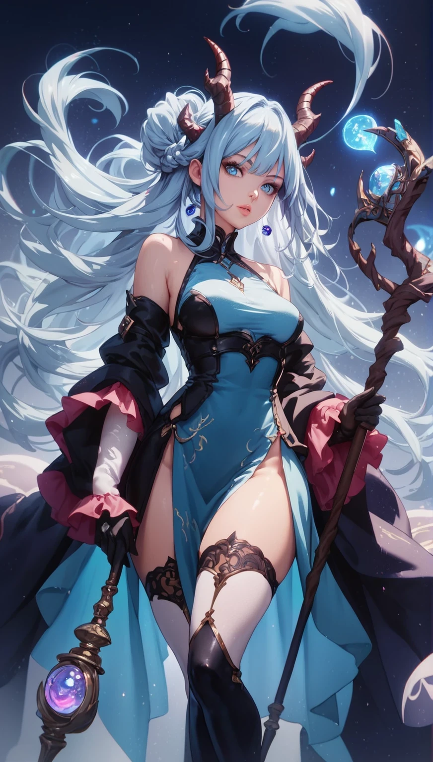 score_9, score_8_up, score_7_up, BREAK,
 1girl, solo, long_hair, breasts, looking_at_viewer, thighhighs, gloves, dress, holding, bare_shoulders, very_long_hair, blue_hair, standing, parted_lips, detached_sleeves, horns, black_gloves, lips, glowing, staff, side_slit, holding_staff