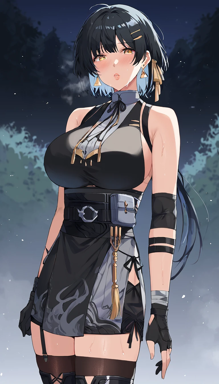 score_9, score_8_up, score_7_up, (thick lips), 1girl, black hair, gloves, bare shoulders, dress, black gloves, yellow eyes, hair ornament, thighhighs, short hair, long hair, fingerless gloves, jewelry, earrings, black footwear, black dress, sleeveless,looking at viewer, sweaty, blushing, steam, huge breasts, (abs), posing, forest, night, fog