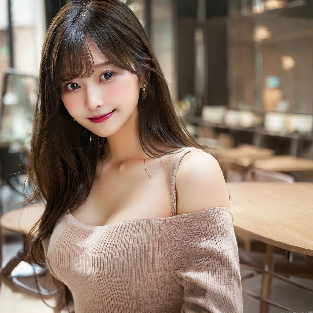 Tabletop, highest quality, shape, Very detailed, finely, High resolution, 8k wallpaper, Perfect dynamic composition, Beautiful and beautiful eyes, Natural Lip, (Big Breasts:1.4), Random sexy poses,RAW Photos,cute,smile、Tight knit dress that shows off your bust beautifully - Bust coordination、Off the shoulder