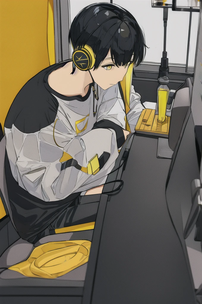 Adult male gamer、((Yellow headphones)), Sitting, Black Hair