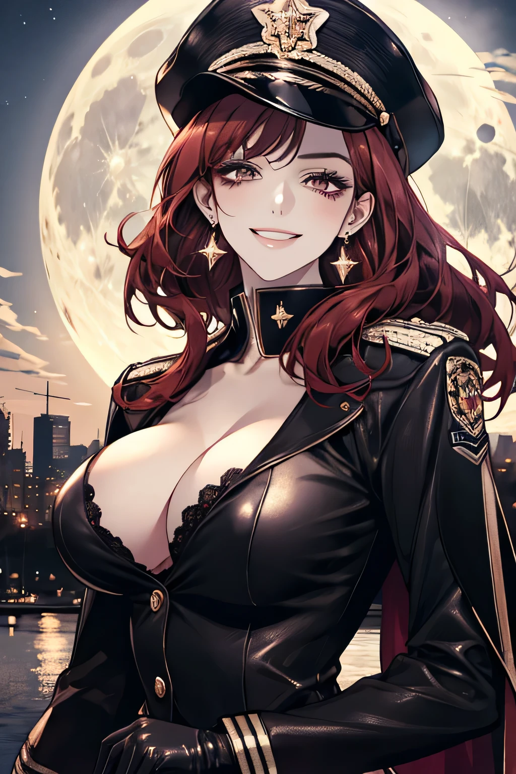 ( Detailed Description, High resolution,8k wallpaper,, masterpiece,Highest quality,Depth of region),Chest and face shot. Beautiful young woman、so beautiful、Anatomically accurate depiction,Bright red hair,Facial details、Glasses、Gold earrings in the ears,(Provocative smile),(She is wearing a black military cap..,Black military jacket、Black Leather Gloves)、(Big Breasts)、Cleavage,Accurate hand drawing. Full moon in the background,night.