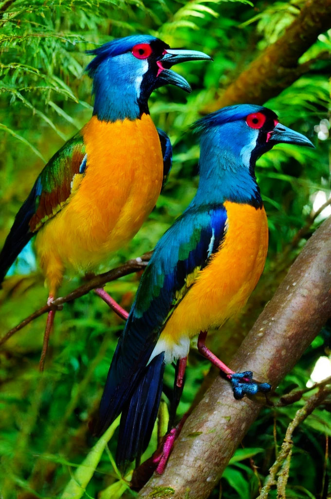 Photo - birds of paradise with bright plumage in a tropical forest sit on a tree branch