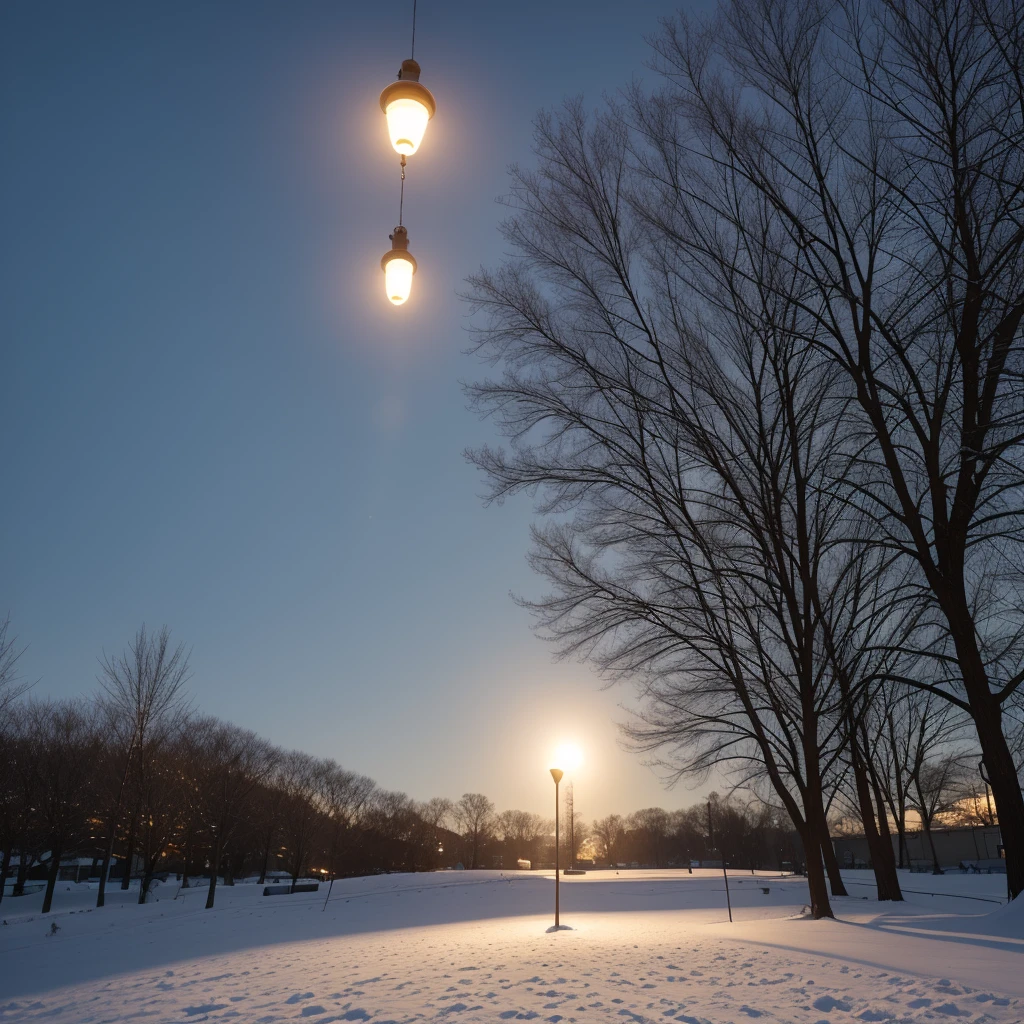 On a cold winter day,A capsule suspended in the air,The particles in the capsule emit light,A small grass sprouted in the snow below the capsule,Background illuminated by warm street lights