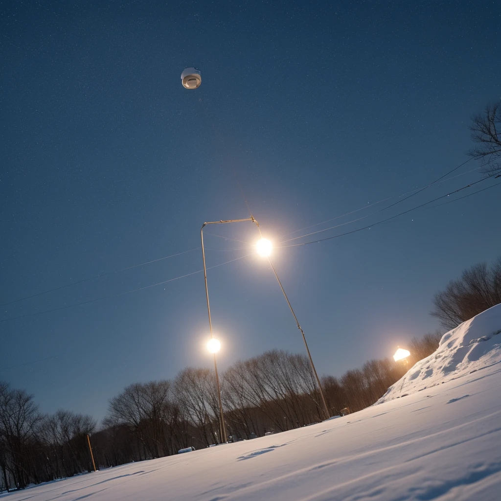 On a cold winter day,A capsule suspended in the air,The particles in the capsule emit light,A small grass sprouted in the snow below the capsule,Background illuminated by warm street lights