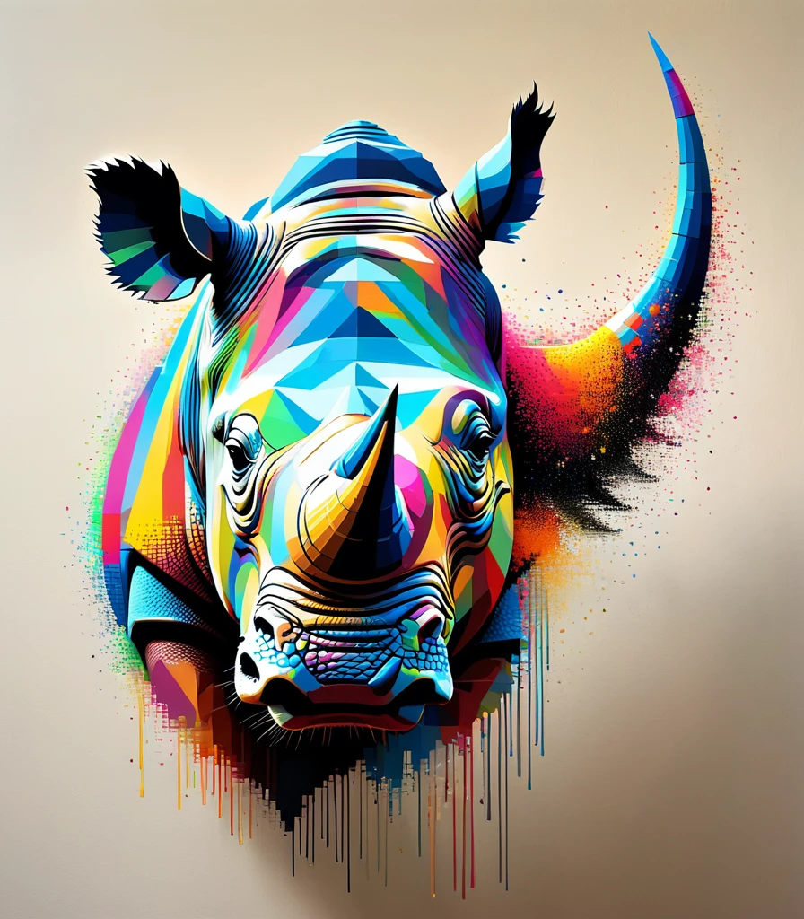 pixel art,Thai artist Thawan Duchanee uses colorful brush strokes to create a 3D pixelated rhino head portrait...