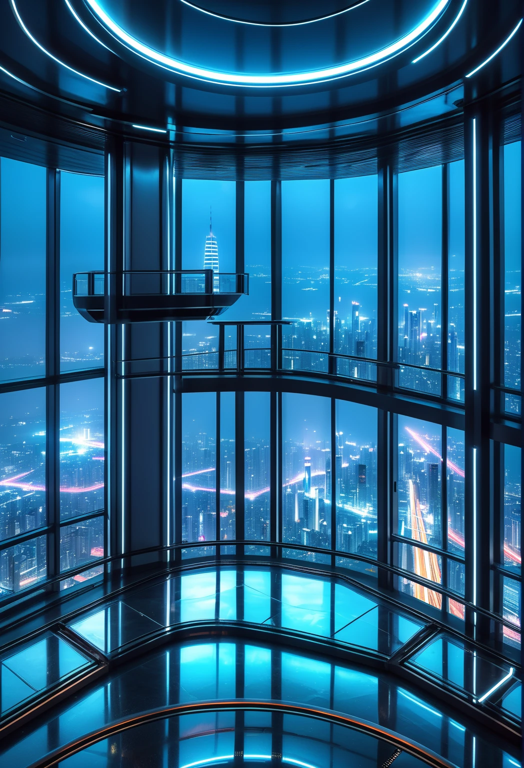 Night panorama from inside a room located on the 90th floor of a skyscraper in a futuristic cyberpunk-style city, se logra apreciar autos voladores, publicidad en luz neon, neblina, pollution. ((Realismo)), ((hiperrealismo)), ((fotografia)), ((excelente calidad)), ((surrealismo)), ((4k)), ((8k)), ((HD)), ((ultra)), ((obra maestra)), ((perfection))