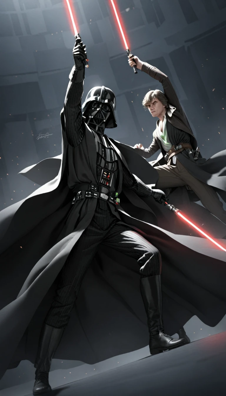 Darth vader slaying Luke Skywalker with light saber
