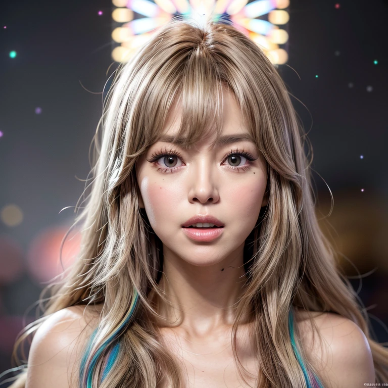 NSFW, 8k, High-level, absurd, masterpiece, best quality, primitive, very detailed CG, very detailed wallpaper, perfect lighting, Extremely detailed ((( personifying " Farrah Fawcett Majors " as a Little Girl))), MysticSight, Tyndall effect, Tyndall scattering, (Studio gray background with (Overflowing oodles Dazzling RainbowColorParticles (BokeH))), (RoundlyButts, ThighGap), (Exposed:0.4), (Assfocus with looking ahead) BREAK (Acutance:0.88), (NOGIZAKA face variations) Extremely Detailed very KAWAII face variations, perfect anatomy, Childish, CaptivatingGaze ElaboratePupils detailed Eyes with (sparkling highlights:1.28), (Voluminous LongEyelashes、GlossyRED Lips with beautiful details, RosyCheeks, Radiant PearlSkin with Transparency . { (Dynamic LifeLike expressions:1.4) | :d) }, (large eyes:-1) .