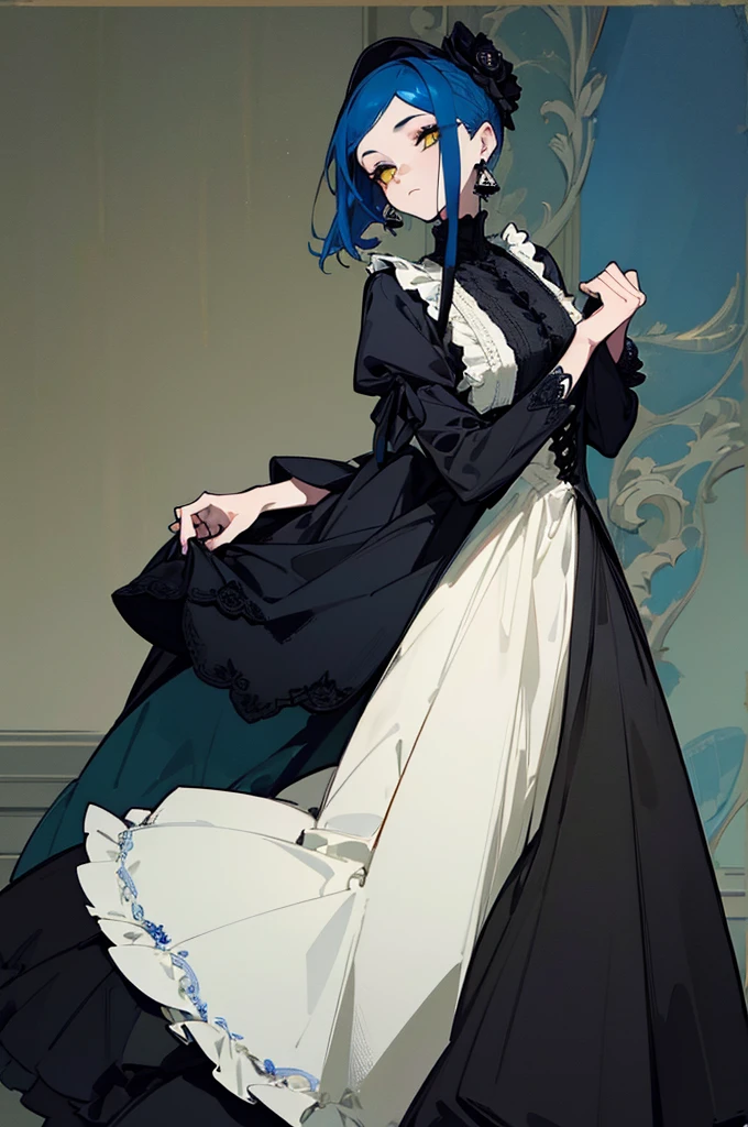 (Highest quality、masterpiece:1.2), ((Mature Woman))Huge , Adult face、Blue Hair、Both sides up、Yellow Eyes, (Dark eyeshadow、Lots of earrings) Gothic Dress, Black Dress, Victorian dress,Blue Rose
