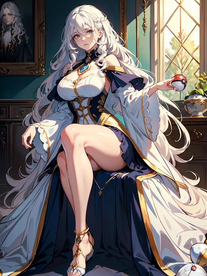 handsome mature woman，Long wavy white hair，Hyperresolution，accuracy，Detailed rendering，（Subtle facial image）（Image of fine hair）（topquality）（Masterpieces of masters）（High degree of completeness）（A sense of atmosphere）tmasterpiece，Super detailed and super detailed（half-body portrait）((Masterpiece, Highest quality)), Detailed face, CharacterDesignSheet, full bodyesbian, Full of details, Multiple poses and expressions, Highly detailed, Depth, Many parts，Beautiful，Extremely beautiful，High Balance, Natural light, drawn art style, white hair, curly hair down to ankles, ankle length hair, (((Ankle length hair))) (((thick hair))) (((pokeball)))