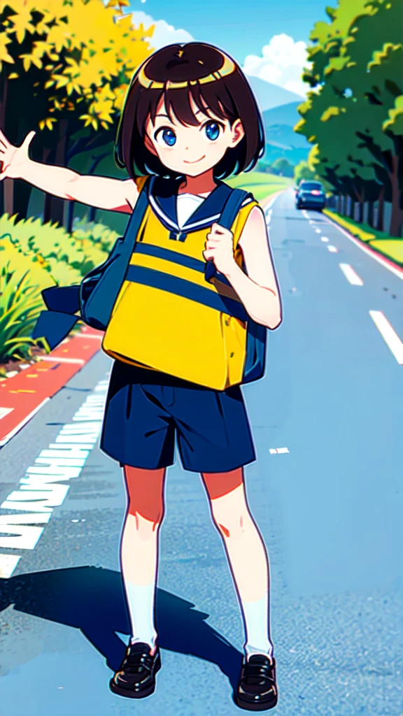 10 year old girl carrying school bag, summer country road, looking at viewer, smiling, spreading hands, full body, pop art, sleeveless and shorts