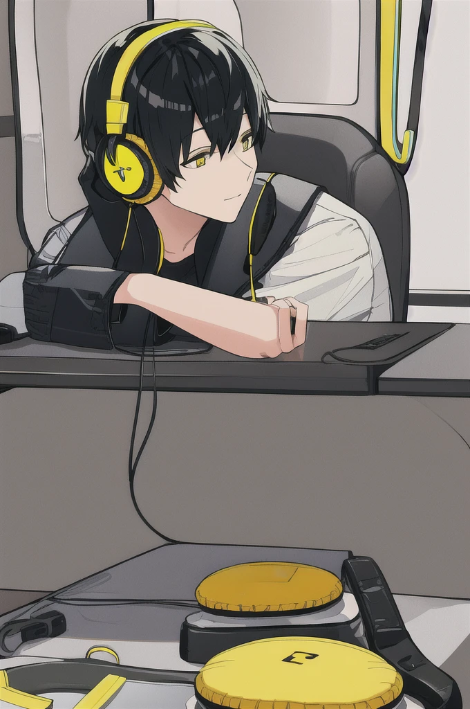 Adult male gamer、((Yellow headphones)), Sitting, Black Hair