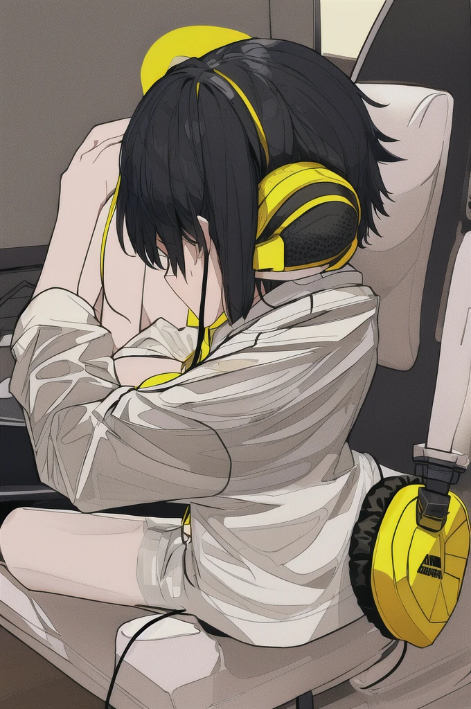 Adult male gamer、((Yellow headphones)), Sitting, Black Hair
