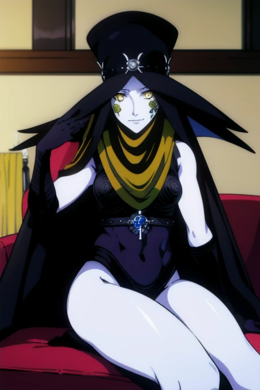 Masterpiece, best quality, Scathach, solo, female1, shin megami tensei, cape hat, black cape, flower tattoo, gloves, white skin, (yellow eyes 1.1), flowing, sitting, shirt, smile, couch, living room