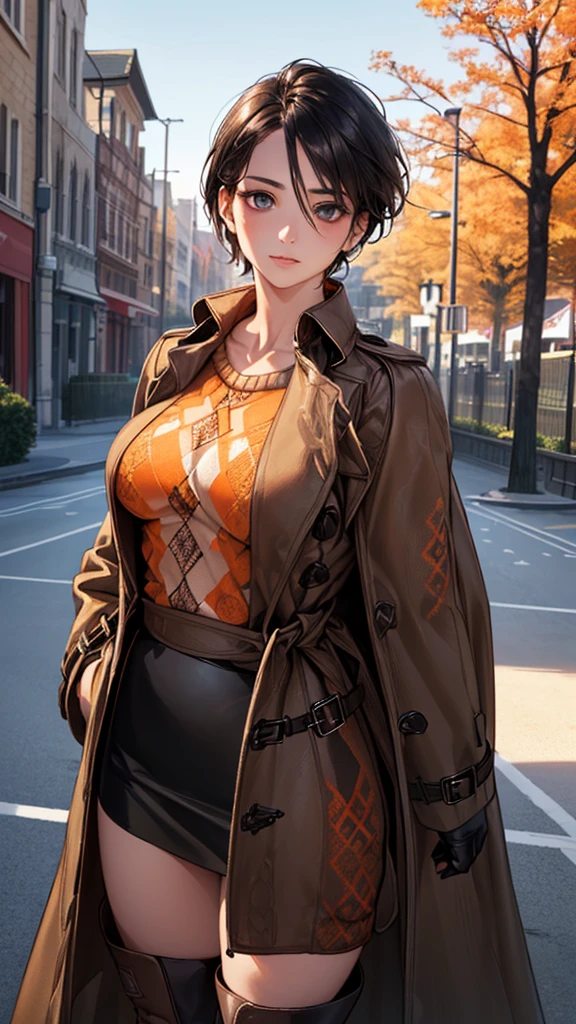 (masterpiece:1.2, Highest quality), (Realistic, photoRealistic:1.4), Beautiful illustrations, (Natural Side Lighting, Cinema Lighting), Browsing Caution, 
View your viewers, (Face Focus, Upper Body), , 1 Beauty, Japanese, Beauty 30 years old, Perfect Face, (Perfect Anatomy:1.4), Cute and symmetrical face, Shiny skin, 
(short hair:1.2, Black Hair), Hair between the eyes, blue eyes, Big eyes, Long eyelashes, (Large Breasts), Slim body, 
Beautiful Hair, Beautiful Face, Beautiful attention to detail, Beautiful clavicle, Beautiful body, Beautiful breasts, Beautiful thighs, Beautiful feet, Beautiful Hands, 
(Detailed cloth texture, Open Court, Dark brown trench coat, Orange argyle sweater:1.46, Black Skirt :1.4, Brown long boots:1.56), 
(Beautiful views), winter, evening, (street tree, Urban area, it&#39;s snowing), walking, (Cute smile, Upward glance, Part your lips), 
