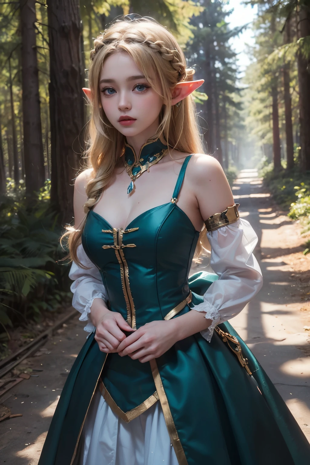 Elf,(8k, RAW Photos, highest quality, masterpiece:1.2),Super detailed,blonde,blue eyes,RPG,princess,battledress,moving,in forest