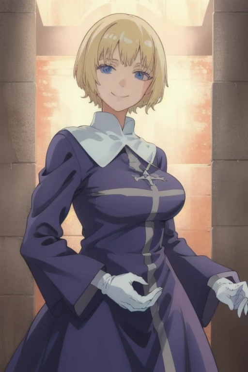 Orsola, short blonde hair, solo, smiling, cowboy shot, 
 blue habit ,white gloves, long sleeves, nun, long skirt,
(insanely detailed, beautiful detailed face,beautiful detailed eyes, masterpiece, best quality) 