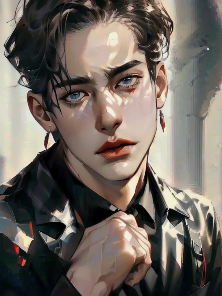 a 40 year old man ((red short hair:1.0)), grey eyes, moles all over the face, wearing an official uniform, masculinity, teacher, (best quality,4k,8k,highres,masterpiece:1.2),ultra-detailed,(realistic,photorealistic,photo-realistic:1.37),cinematic lighting,highly detailed face and body,sharp focus,vivid colors,anime style