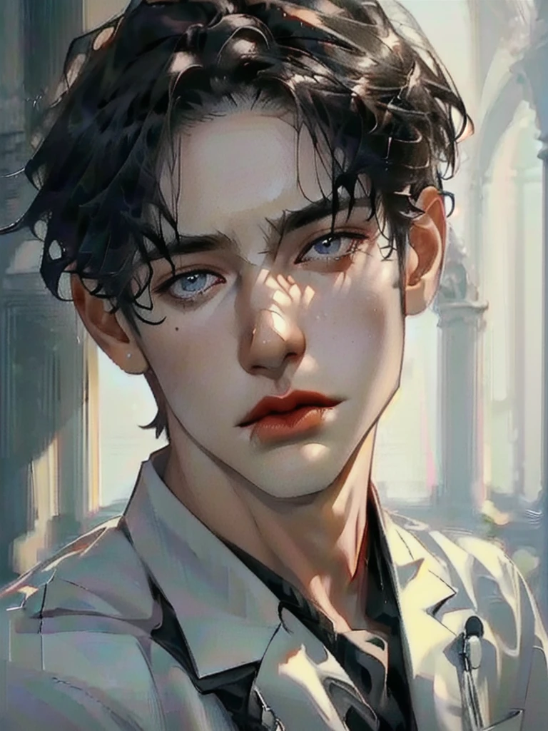 a 40 year old man ((red short hair:1.0)), grey eyes, moles all over the face, wearing an official uniform, masculinity, teacher, (best quality,4k,8k,highres,masterpiece:1.2),ultra-detailed,(realistic,photorealistic,photo-realistic:1.37),cinematic lighting,highly detailed face and body,sharp focus,vivid colors,anime style