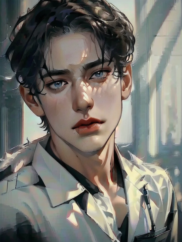 a 40 year old man ((red short hair:1.0)), grey eyes, moles all over the face, wearing an official uniform, masculinity, teacher, (best quality,4k,8k,highres,masterpiece:1.2),ultra-detailed,(realistic,photorealistic,photo-realistic:1.37),cinematic lighting,highly detailed face and body,sharp focus,vivid colors,anime style