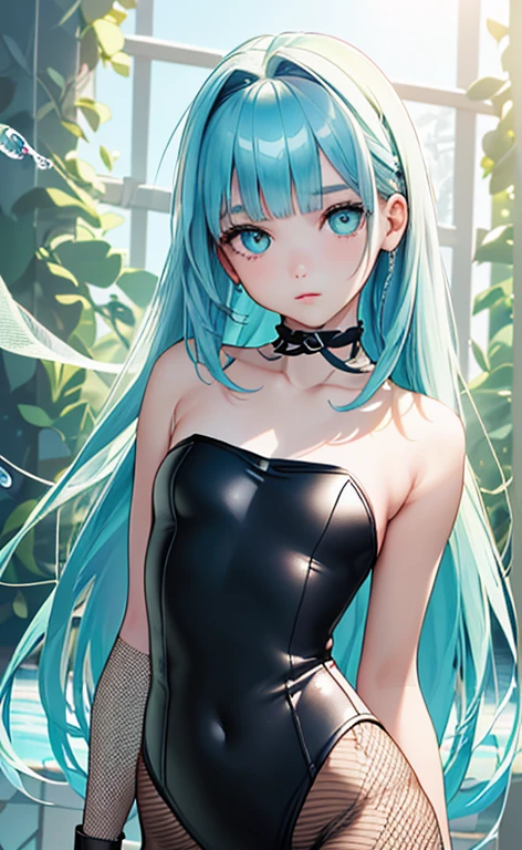 (Photorealistic:1.4)、(16-year-old:1.5),(masterpiece、lens flare、Exquisite beautiful eye:1.5,portlate:1.5),(),(kind eyes、tareme:1.9),(Close-up of face,face focus1.7)、()、Cute Face、 3D Face、(aqua hair:1.5)、(long  hair,:1.2),(sidelock :1.3),(blunt bangs:1.3),(1  lgirl)、(aqua eyes:1.2)、(upper body:1.5)、、(clear face:1.2)、(Fishnet tights:1.3).(),(head tilt) ,(),(flat chest),(),(strapless leotard :1.5),(art background:1.5)、(Detail)、(upper body)、Slim Body(),Shiny Hair、