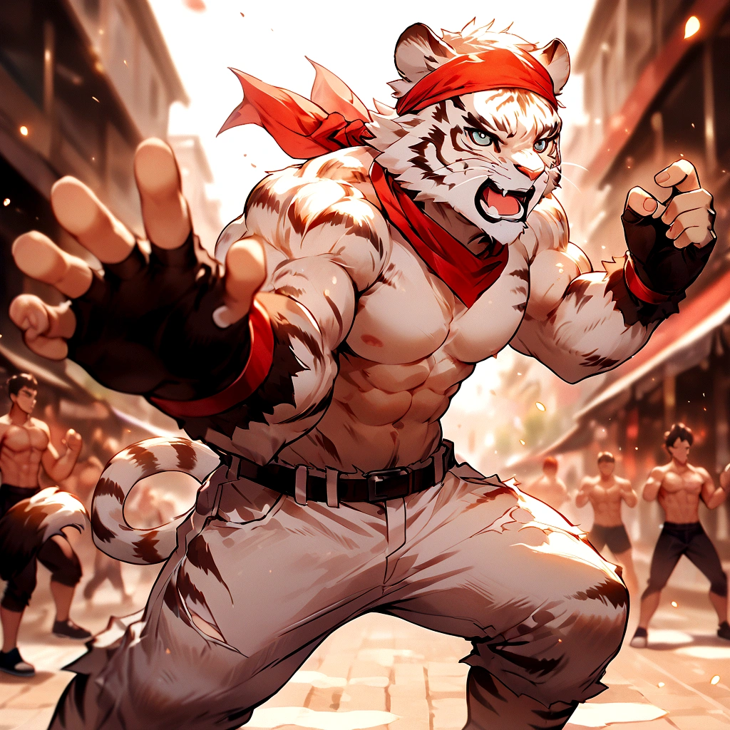 An athletic, muscular anthro white tiger wearing torn jeans and no shirt, wearing fingerless gloves, wearing a red bandana, in a fighting pose