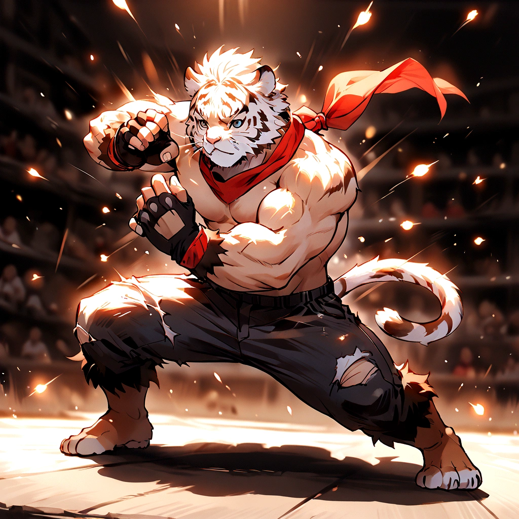 An athletic, muscular anthro white tiger wearing torn jeans and no shirt, wearing fingerless gloves, wearing a red bandana, in a fighting pose