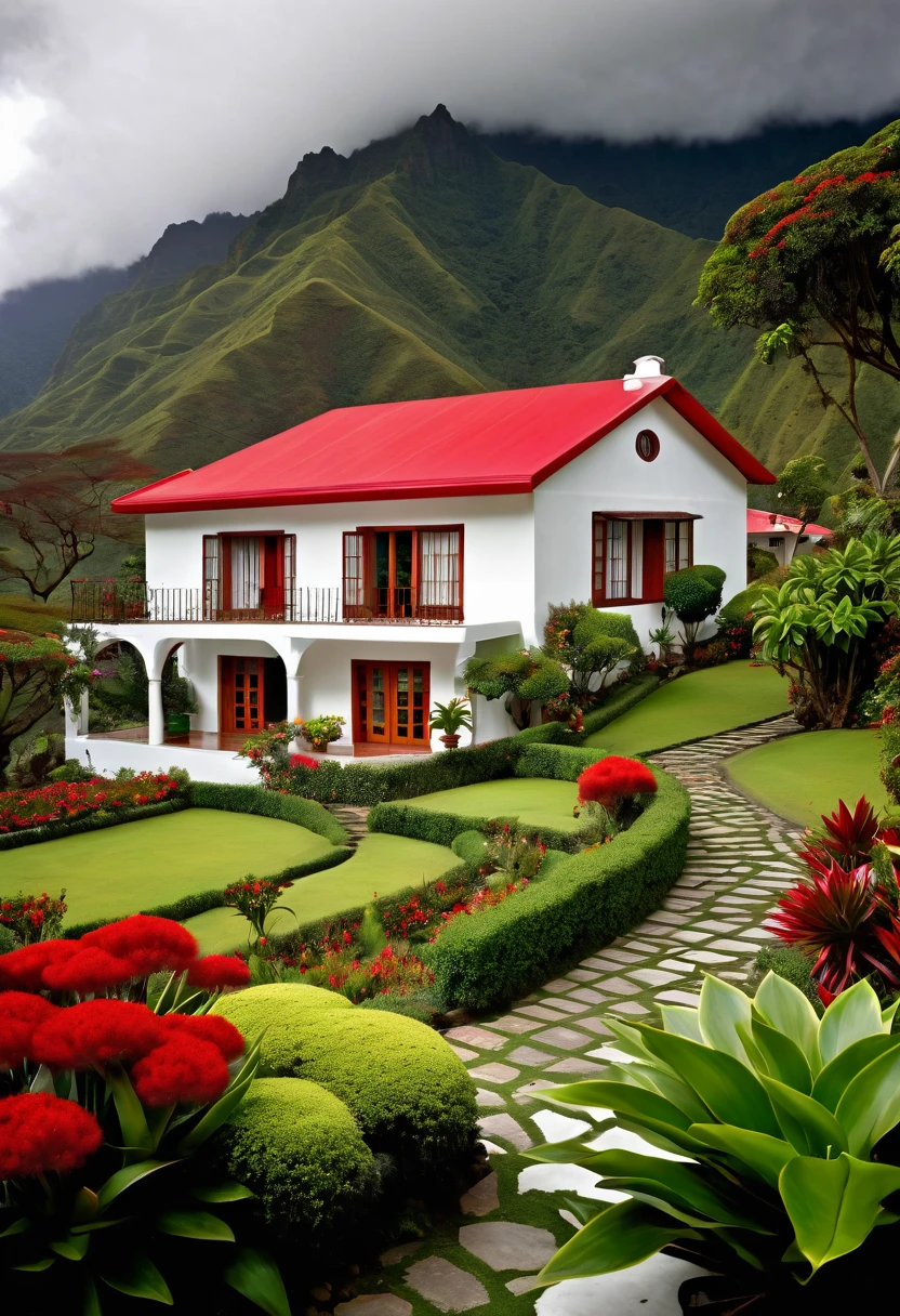there is a small white house with a red roof and a garden, outside view, on a cloudy day, beatiful house, integrated in the mountains, exterior view, colonial house in background, ( visually stunning, by Randy Post, neo - andean architecture, neo-andean architecture, cottage, amidst of nature fully covered, outstanding detail, frontview