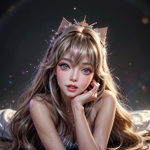 NSFW, 8k, High-level, absurd, masterpiece, best quality, primitive, very detailed CG, very detailed wallpaper, perfect lighting, Extremely detailed ((( personifying " Farrah Fawcett Majors " as a Little Girl))), MysticSight, Tyndall effect, Tyndall scattering, (Studio gray background with (Overflowing oodles Dazzling RainbowColorParticles (BokeH))), (RoundlyButts, ThighGap), (Exposed:0.4), (Assfocus with looking ahead) BREAK (Acutance:0.88), (NOGIZAKA face variations) Extremely Detailed very KAWAII face variations, perfect anatomy, Childish, CaptivatingGaze ElaboratePupils detailed Eyes with (sparkling highlights:1.28), (Voluminous LongEyelashes、GlossyRED Lips with beautiful details, RosyCheeks, Radiant PearlSkin with Transparency . { (Dynamic LifeLike expressions:1.4) | :d) }, (large eyes:-1) .