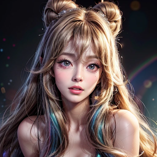 NSFW, 8k, High-level, absurd, masterpiece, best quality, primitive, very detailed CG, very detailed wallpaper, perfect lighting, Extremely detailed ((( personifying " Farrah Fawcett Majors " as a Little Girl))), MysticSight, Tyndall effect, Tyndall scattering, (Studio gray background with (Overflowing oodles Dazzling RainbowColorParticles (BokeH))), (RoundlyButts, ThighGap), (Exposed:0.4), (Assfocus with looking ahead) BREAK  (Acutance:0.88), (NOGIZAKA face variations) Extremely Detailed very KAWAII face variations, perfect anatomy, Childish, CaptivatingGaze ElaboratePupils detailed Eyes with (sparkling highlights:1.28), (Voluminous LongEyelashes、GlossyRED Lips with beautiful details, RosyCheeks, Radiant PearlSkin with Transparency . { (Dynamic LifeLike expressions:1.4) | :d) }, (large eyes:-1) .