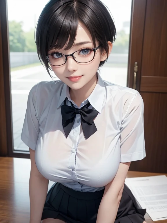 Looking into the camera,high school girl,Leaning forward,(Random cute uniforms),(Random erotic poses),(Thin type),(Very large breasts),(Big Breasts)(Accentuate your cleavage)(Voluptuous body)(Black Short Hair)(Pixie Cut),(Best image quality, (8k), Ultra-realistic, 最high quality, high quality, High resolution, high qualityの質感, Attention to detail, Beautiful details, Fine details, Extremely detailed CG, Detailed Texture, Realistic facial expressions, masterpiece, in front),(Wearing glasses:1.1)