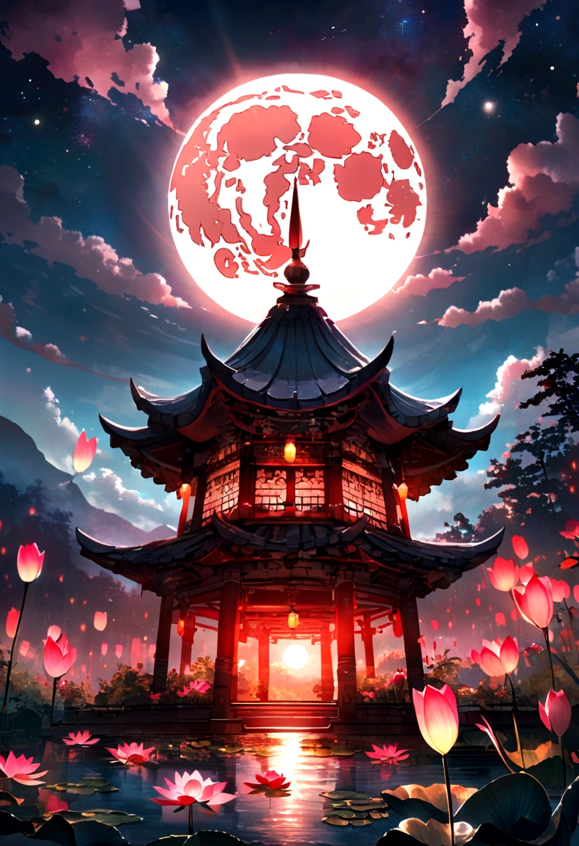(masterpiece，Real photography，Simple composition：1.5），Mountains，White Cloud，Crane，Thatched Pavilion，Sun, Moon and Stars，Popularity，galaxy，night，moonlight over lotus pond，Beautiful artistic conception，Realistic style，Magnificent atmosphere，