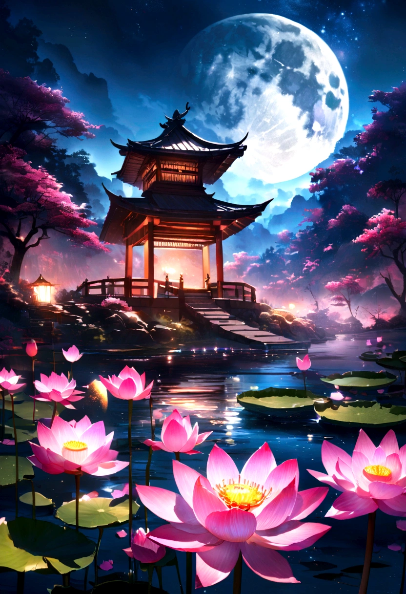 (masterpiece，Real photography，Simple composition：1.5），Mountains，White Cloud，Crane，Thatched Pavilion，Sun, Moon and Stars，Popularity，galaxy，night，moonlight over lotus pond，Beautiful artistic conception，Realistic style，Magnificent atmosphere，