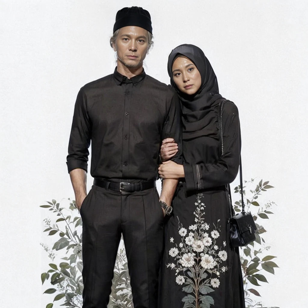 1man wearing black shirt, black kopiah, 1woman wearing dress and hijab, extreme quality, Cg unity 8k, super delicate, background blur, full depth of field, HDR high dynamics, real restoration, intricate and extreme details, perfectly presenting the style of midjourney art. realistic, elegant, goddess, surrealism, high detail, supremacy, cinematic lighting, ray tracing, shadow, uhd, retina, masterpiece, ccurate, anatomically correct, textured skin, super detail, high detail, high quality, high quality, award-winning, best quality, high resolution, 1080P, 16k, 8k, 4K, HD