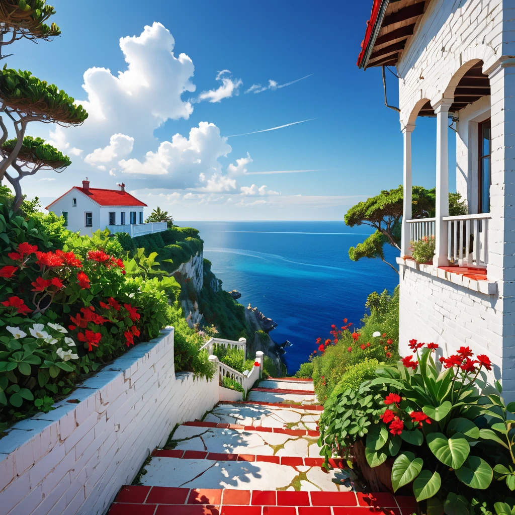 Striking view from the porch of an old white brick house, perched on a cliff overlooking the ocean. The little house has a small garden area with a few plants and flowers, and a set of stairs leading up to it, red tiles with white grout, cracked walls. The cliff is covered in lush greenery, with trees and bushes. deep blue sea below. The sky above is a clear blue with a few scattered white clouds, sharp focus, hyperrealistic, vibrant colors, HDR, 32k