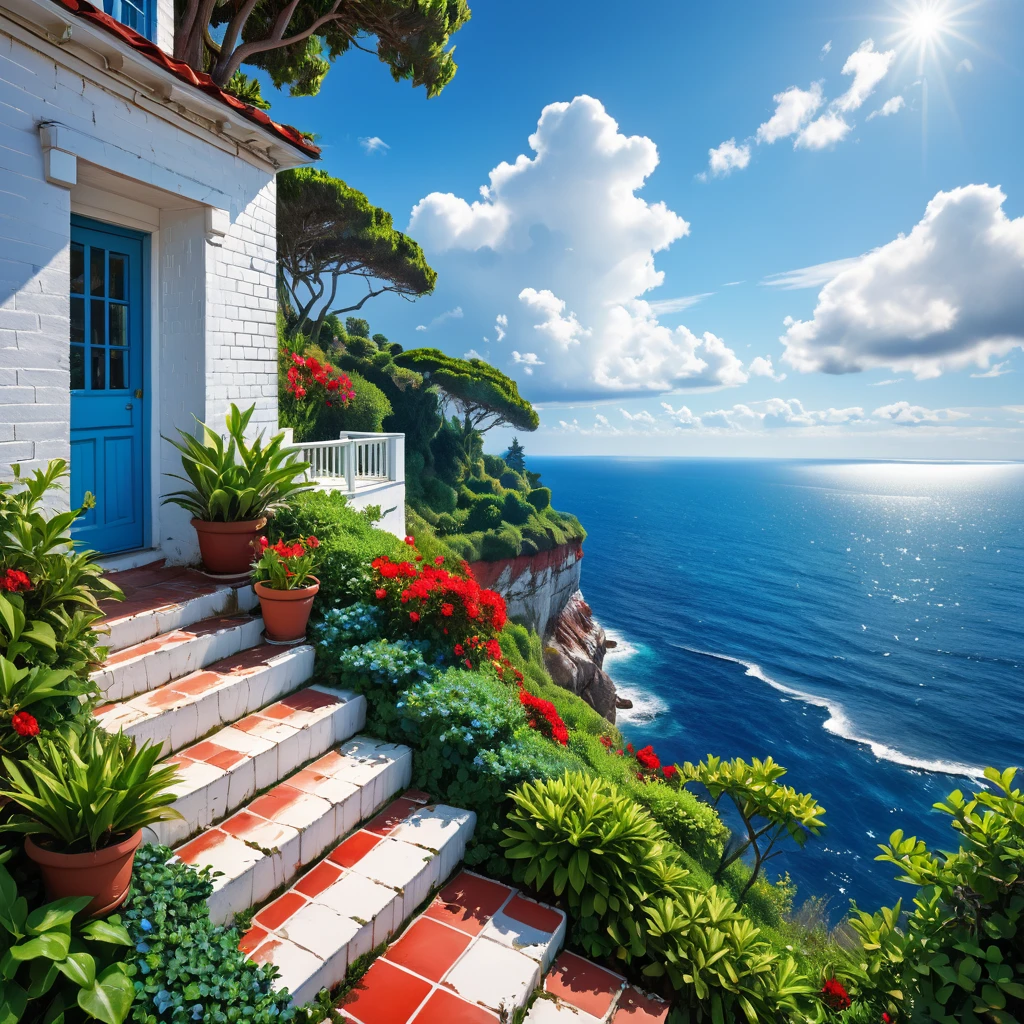 Striking view from the porch of an old white brick house, perched on a cliff overlooking the ocean. The little house has a small garden area with a few plants and flowers, and a set of stairs leading up to it, red tiles with white grout, cracked walls. The cliff is covered in lush greenery, with trees and bushes. deep blue sea below. The sky above is a clear blue with a few scattered white clouds, sharp focus, hyperrealistic, vibrant colors, HDR, 32k