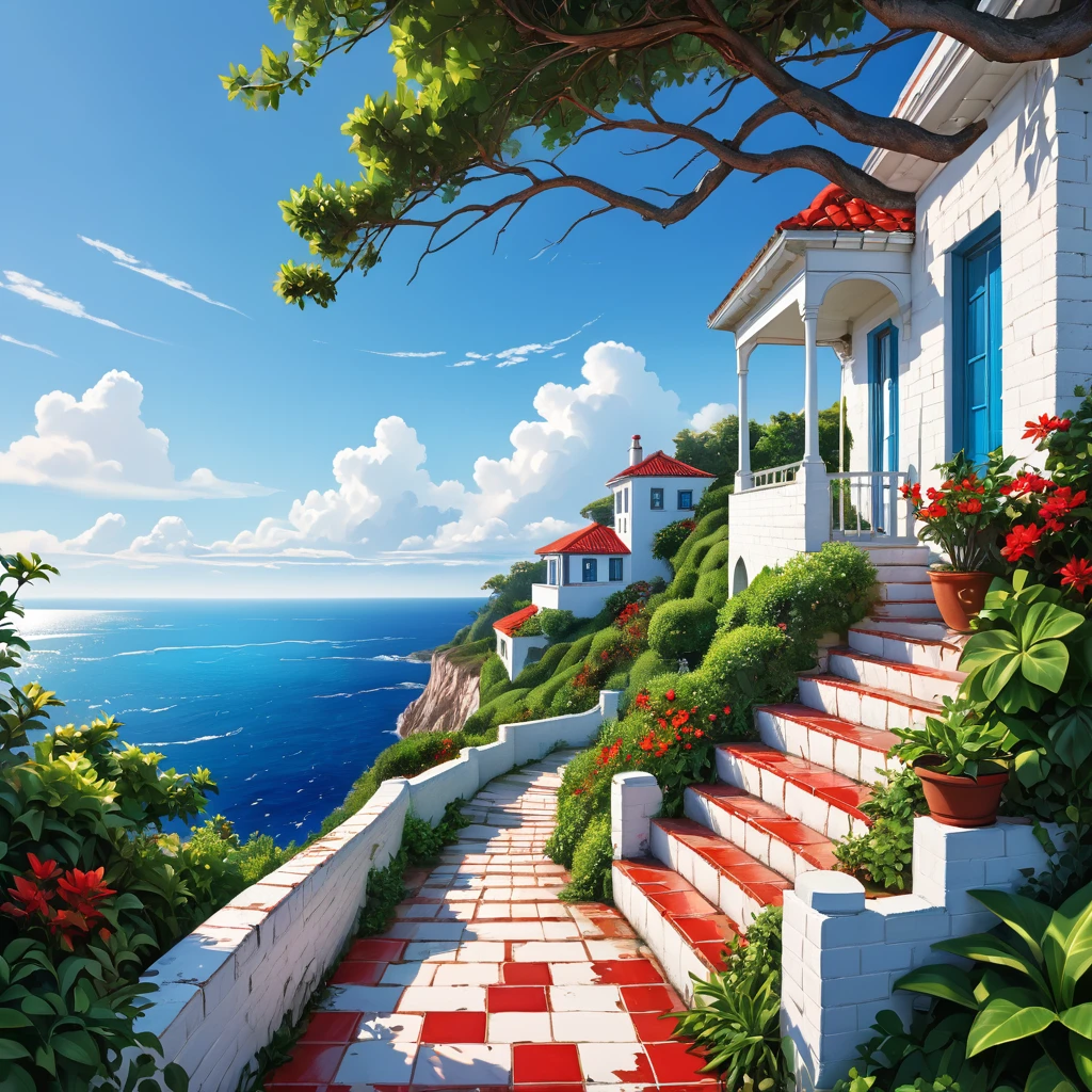 Striking view from the porch of an old white brick house, perched on a cliff overlooking the ocean. The little house has a small garden area with a few plants and flowers, and a set of stairs leading up to it, red tiles with white grout, cracked walls. The cliff is covered in lush greenery, with trees and bushes. deep blue sea below. The sky above is a clear blue with a few scattered white clouds, sharp focus, hyperrealistic, vibrant colors, HDR, 32k