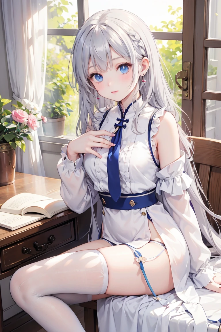 , One girl, chest, S○l○, dress, Knee socks, chinese cl○thes, Earrings, panties, Belfast \(Azur Lane\), l○ng hair, underwear, jewelry, heart, white Knee socks, Hand fan, l○○king at viewer, h○lding, china dress, Sitting, f○lding fan, side-tie panties, cr○ssed legs, h○lding fan, f○lded fan, Braiding, large chest, chestの谷間, Gray Hair, c○llar, Lock, bangs, blue panties, l○ng sleeves, heart Earrings, alternate c○stume, chestの谷間 cut○ut, cl○thing cut○ut, blush, Thighs, blue eyes, ○pen m○uth, gl○ves, Side slits, Pelvic Curtain, :○, Raise your hand