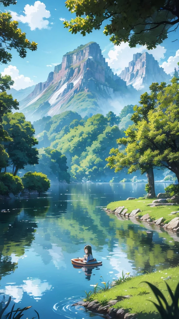 Anime characters sitting by a serene lake, clear water reflecting the sky, mountains in the background, lush greenery, calm and peaceful atmosphere, Studio Ghibli style, detailed scenery, anime background key visual, tranquil lakeside scene, cinematic anime still, Japanese animation style, nature wallpaper